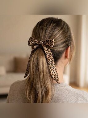 Leopard Print Twilly Scarf Hair Bag Tie Satin Brown and Gray Tones Set of 2